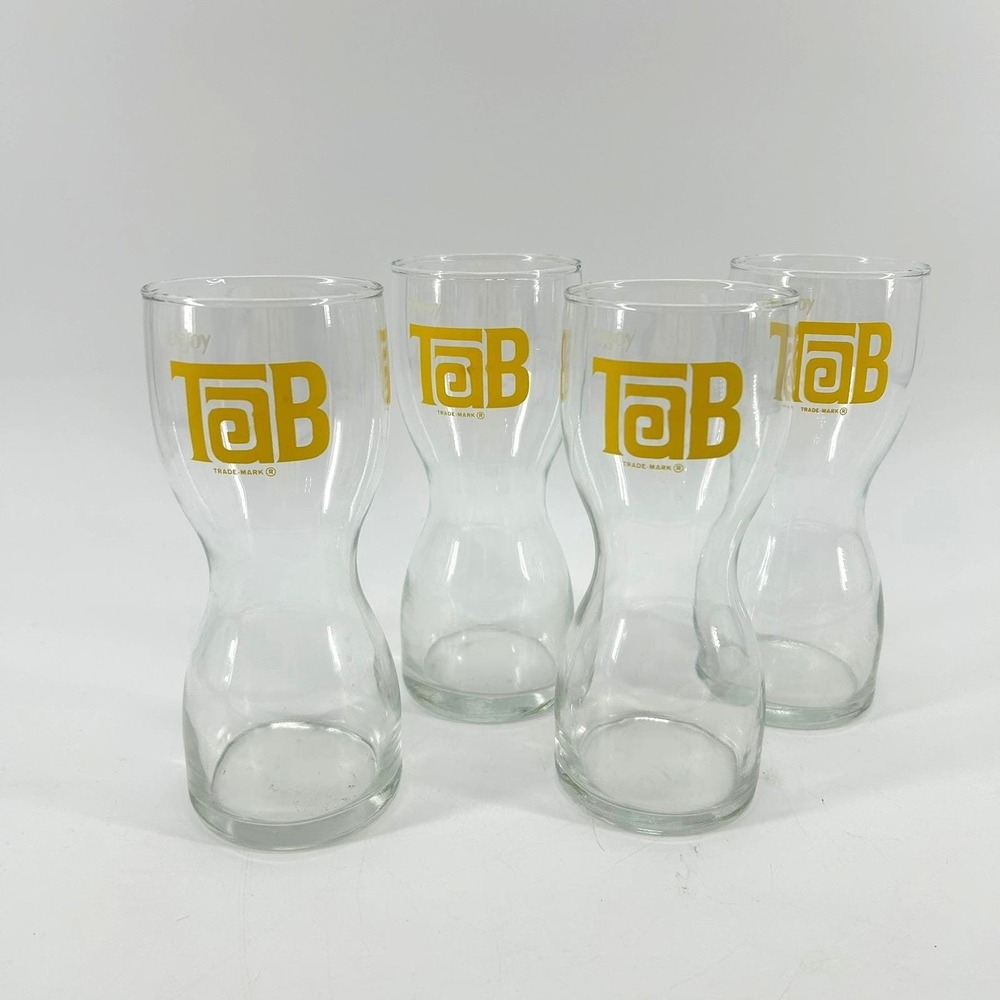 Vintage '70s TaB Soda Glass Set of 4 Hourglass Shape Yellow Logo Coca-Cola